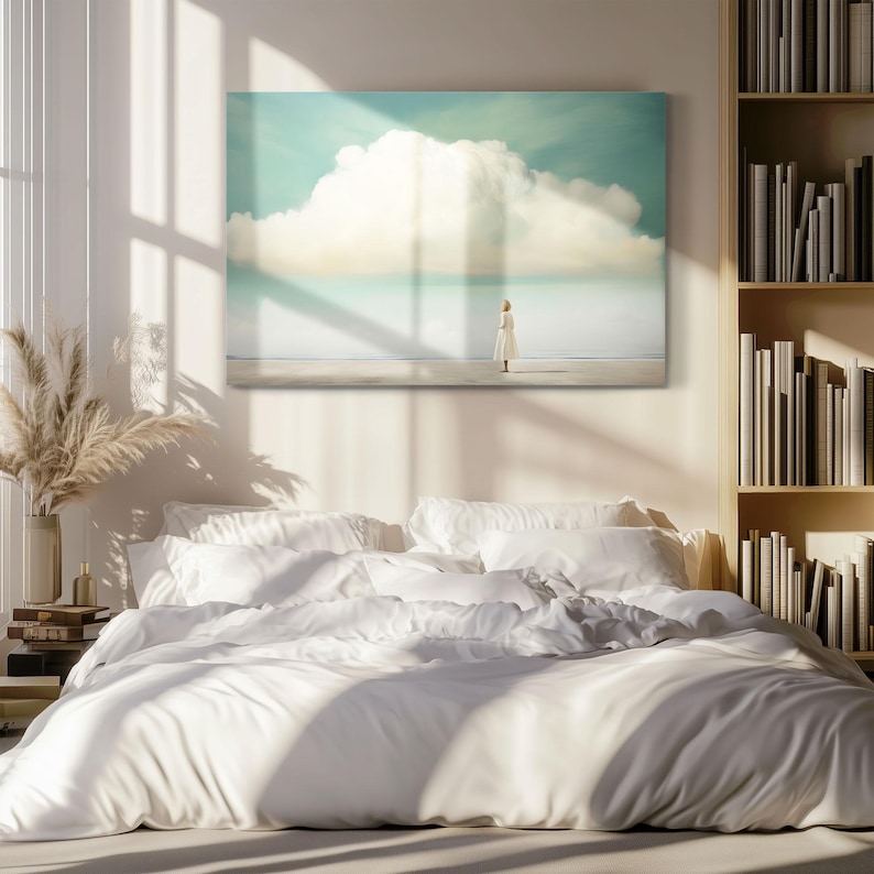 Minimalist Cloud Painting Print on Framed Canvas | Abstract Blue Sky & Clouds Artwork | Moody Wall Art | Study Room Decor | Whimsical Girl image 6