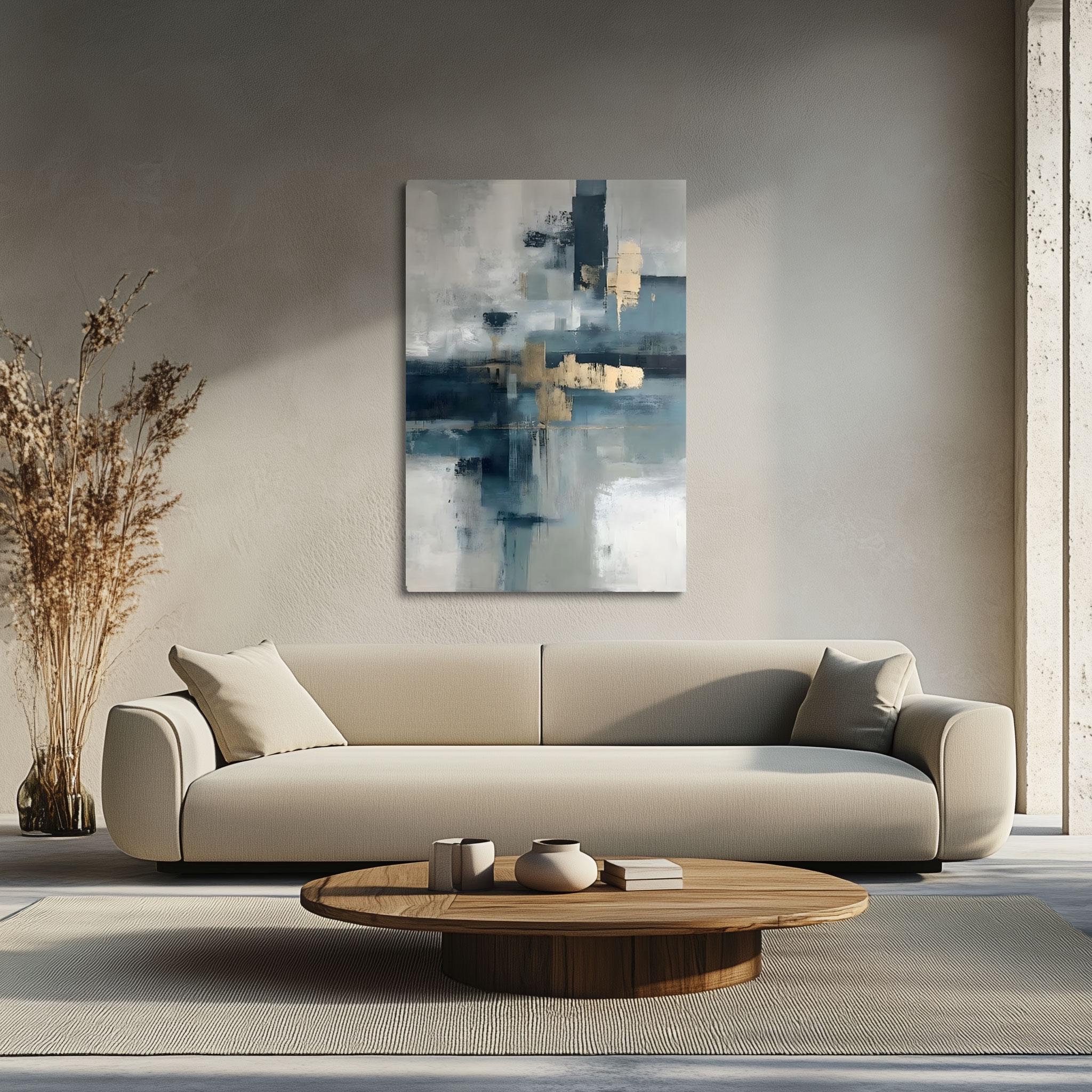 Blue Grey and Gold Abstract Canvas Wall Art – Modern Vertical Painting ...