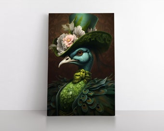 Victorian Funny Peacock Art Print Painting on Canvas Wall Art | Animal Portraits Artwork Decor