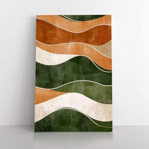 Erdwellen Abstrakte Malerei Druck auf gerahmte Leinwand, Waldgrün Terracotta Rost Orange Beige Wandkunst, Erdige Moderne Kunst