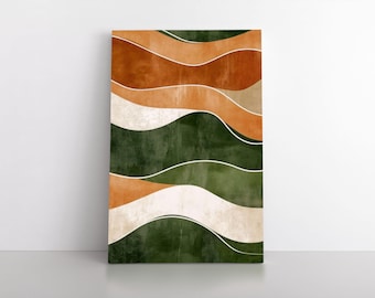 Earth Waves Abstract Painting Print on Framed Canvas, Forest Green Terracotta Rust Orange Beige Wall Art, Earthy Modern Contemporary Artwork