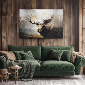 Modern Moose Wall Art Print on Framed Canvas | Rustic Alaskan Animals Wildlife Nature Lodge Cabin Decor | Moose Artwork Picture Painting