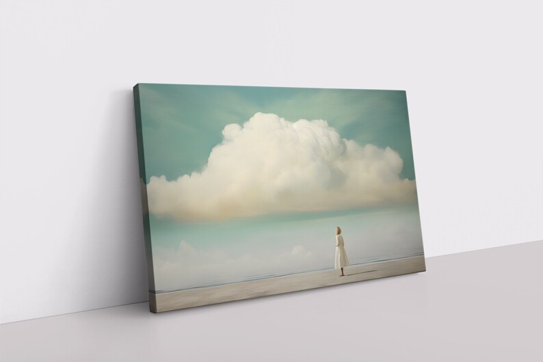 A girl stands under a calming fluffy cloud in the middle of nowhere in this minimalist, abstract painting on a framed and ready-to-hang canvas.