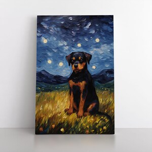 Niedliches Rottweiler-Welpen-Ölgemälde im Stil der sternenklaren Nacht | Haustier Rottweiler Hund Leinwand Wand Kunst Geschenk Kunstwerk