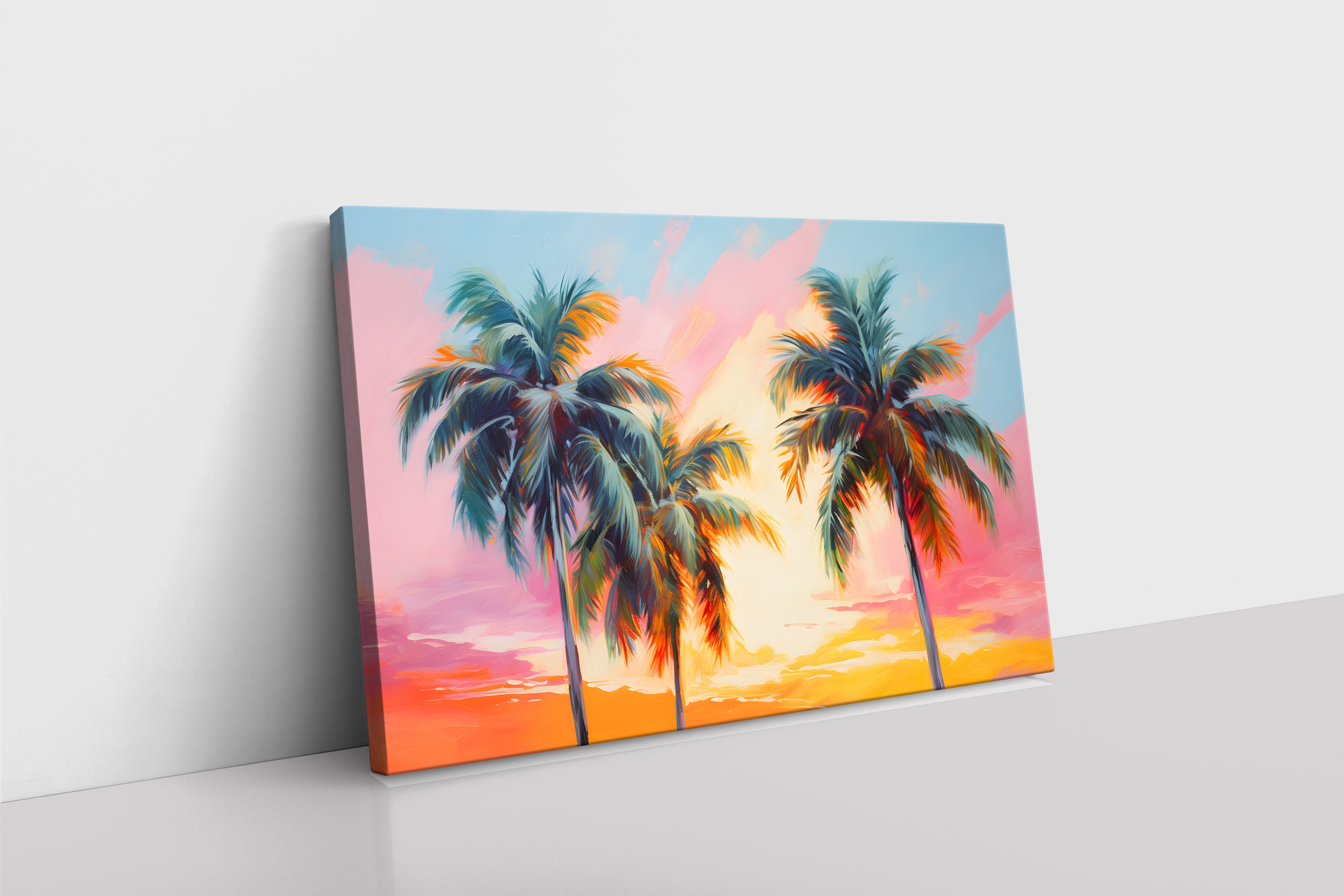 Tropical Beach Sunset Palm Trees Oil Painting Print on Framed Canvas ...