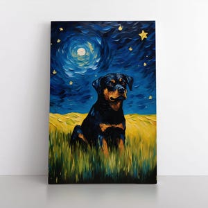 Süßes Rottweiler bei Nacht Ölgemälde Druck im Stil Der sternenklare Nacht | Haustier Rottweiler Hund Leinwand Wand Kunst Geschenk Kunstwerk