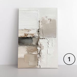 May include: A rectangular canvas painting featuring thick, layered impasto texture in shades of white, cream, beige, and gray. The composition displays horizontal and vertical blocks of paint with visible brushstrokes and rough, cracked edges.
