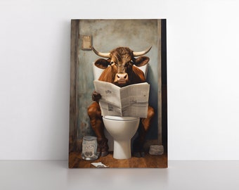 Cow Sitting On The Toilet Reading The Newspaper | Framed Canvas Print | Funny Animals Wall Art | Hilarious Bathroom Art | Cattle Humor Decor