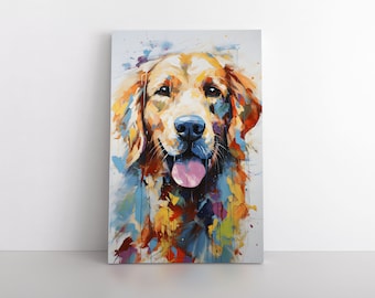 Colorful Cute Abstract Golden Retriever Dog Portrait Oil Painting Print | Golden Retriever Dog Canvas Artwork Wall Art Gift