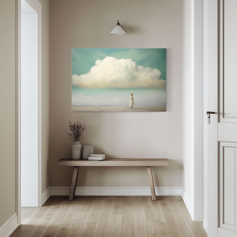Minimalist Cloud Painting Print on Framed Canvas | Abstract Blue Sky & Clouds Artwork | Moody Wall Art | Study Room Decor | Whimsical Girl image 4
