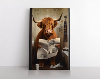 Highland Cow Sitting On The Toilet | Framed Canvas Print | Funny Animals Wall Art | Hilarious Bathroom Art | Shaggy Cow Humor Decor