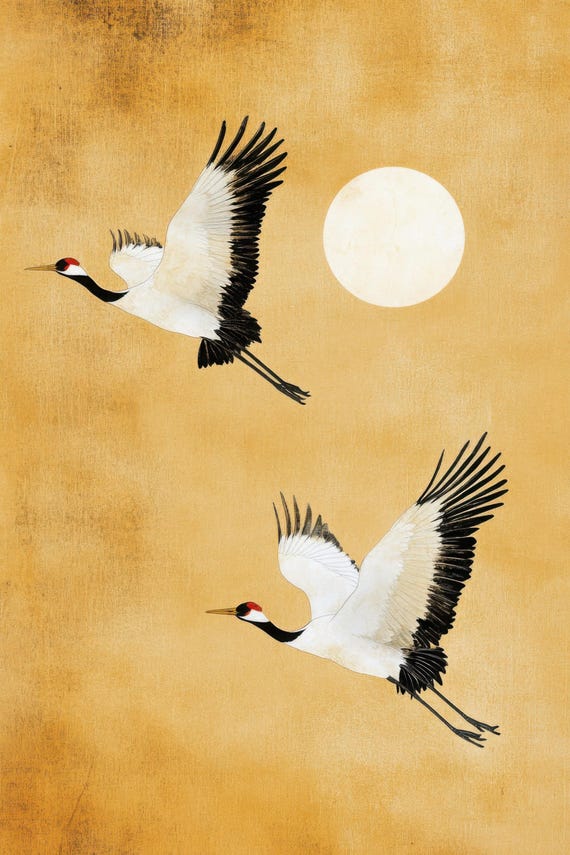 Flying Cranes Gold Wall Art – Yellow Full Moon Minimalist Canvas