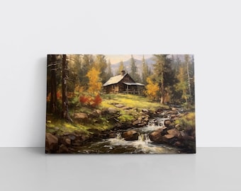 Vintage Country Cabin in Forest Oil Painting Print on Canvas | Lodge Decor, Autumn Forest Landscape, Rustic Trees & Nature Wall Art
