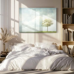 Pintura minimalista de nuvens e árvores em tela emoldurada | Arte abstrata de céu azul e nuvens | Arte de parede com árvores | Decoração para sala de estudo imagem 3