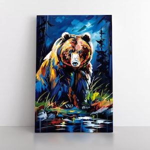 Colorful Grizzly Bear Oil Painting Print on Framed Canvas Wall Art | Montain Lodge Decor Animals Wildlife Artwork | Brown Bear Decor