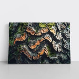 Baumrinde & Moss Wand Kunst Druck auf Leinwand gerahmt | Natürliche erdige Waldbäume Bio-Blockhaus-Hüttendekor, Geschenk für Naturliebhaber