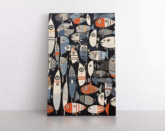 Quirky Bohemian Fish Painting Print on Framed Canvas Wall Art | Modern Trendy Abstract Art Decor | Weird 70's Artwork