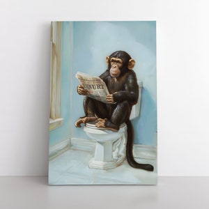 Cute Funny Monkey Sitting On The Toilet Reading The Newspaper Canvas Painting Print | Funny Animals Wall Art | Monkey Artwork | Toilet Humor