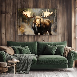 Modern Moose Wall Art Print on Framed Canvas | Rustic Alaskan Animals Wildlife Nature Lodge Cabin Decor  Gold Moose Artwork Picture Painting
