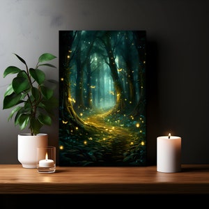 Enchanted Magical Spirit Forest Path with Fireflies Canvas Wall Art Print & Poster Mystical Fantasy Bedroom Decor Spiritual Fairy Tale