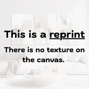 May include: A triptych of white abstract art prints displayed above a white sofa. The text on the image reads: This is a reprint. There is no texture on the canvas. The artwork features subtle white and light gray geometric shapes and layers.
