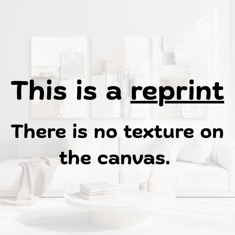 May include: A triptych of white abstract art prints displayed above a white sofa. The text on the image reads: This is a reprint. There is no texture on the canvas. The artwork features subtle white and light gray geometric shapes and layers.