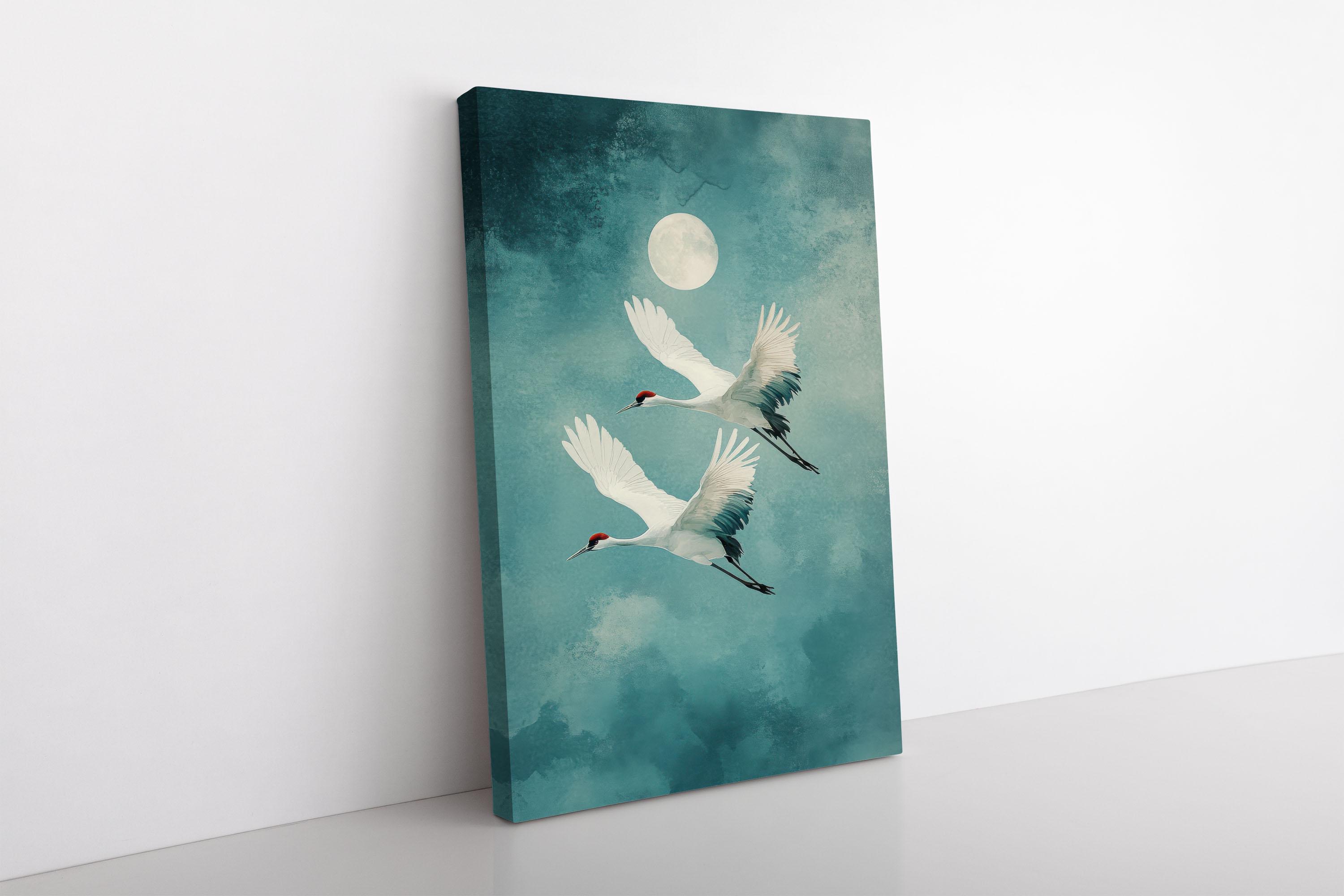 【原画】『Crane in the Clouds』 Cranes Flying in Moonlight – Blue Watercolor Japanese Bird Wall