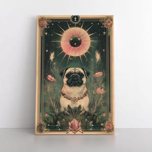 Niedliche Mops Hund Tarot Karte inspiriert Leinwand Wand Kunst | Erdige Himmlische mystische Witchy Whimsigoth Dekoration | Haustier Mops Hund Geschenk