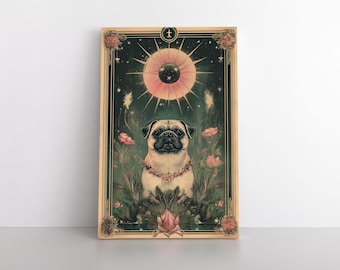 Cute Pug Dog Tarot Card Inspired Canvas Wall Art Print | Earthy Celestial Mystical Witchy Whimsigoth Decor | Pet Pug Dog Gift