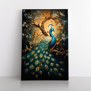 Magical Gold & Blue Peacock Artwork Painting | Beautiful Peacock Wall Art Decor on Framed Canvas