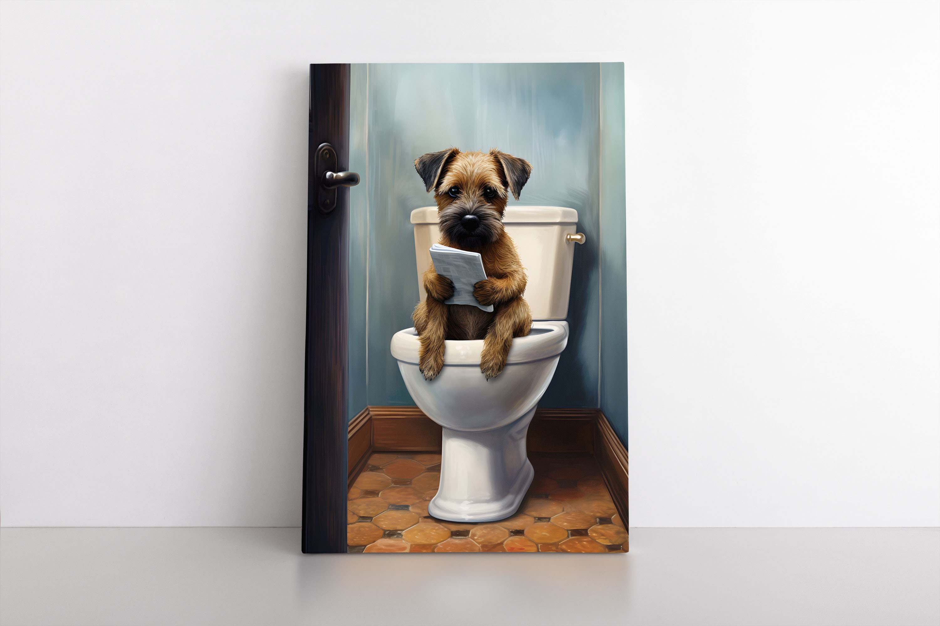 Cute Border Terrier Dog Sitting On Toilet Reading Newspaper | Dog Painting Wall Art | Animals on Loo | Funny Dog Pics Bathroom Artwork Gift
