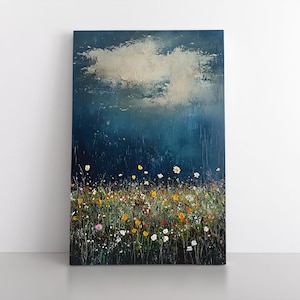 Field of Wildflowers & Dark Sky Rain Storm Oil Painting Print on Canvas Wall Art Print | Spring Nature Artwork Landscape | Moody Farmhouse