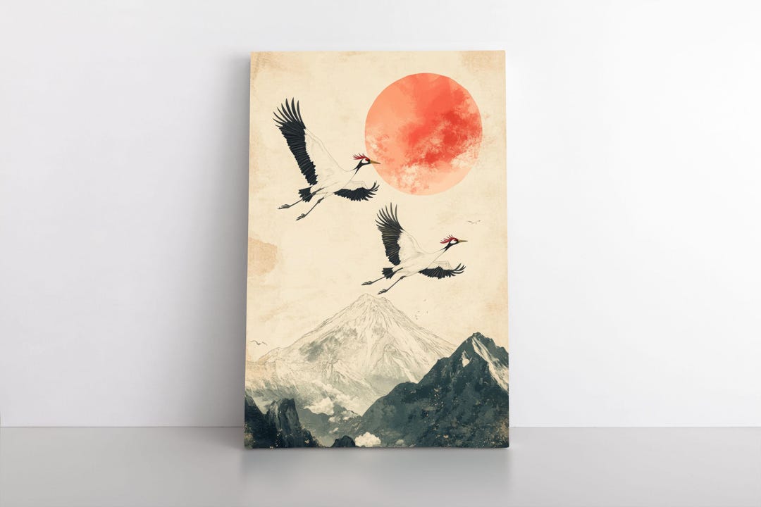 Vintage Japanese Crane Wall Art Canvas – Red Sun & Mountains Print ...