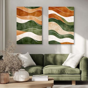 2 or 3 Piece Bundle, Earthy Abstract Painting Print on Framed Canvas Wall Art, Forest Green Terracotta Orange Rust Beige, Modern Minimalist
