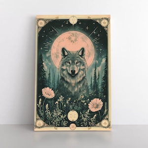 Tarot Card Inspired Wolf Canvas Wall Art Print | Mystical Earthy Celestial Spiritual Whimsigoth Witchy Artwork | Wolf Spirit Animal Totem