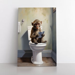Cute Funny Monkey Sitting On The Toilet Reading a Book Canvas Painting Print | Funny Animals Wall Art | Monkey Artwork | Toilet Humor