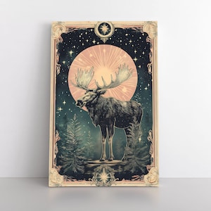 Tarot Karte inspiriert Elch Leinwand Wand Kunst | Mystisch Erdig Himmlisch Spirituell Whimsigoth Natur Dekor | Witchy Tiere Artwork