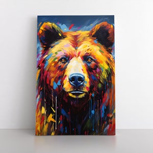 Colorful Grizzly Bear Oil Painting Print on Framed Canvas Wall Art | Bear Artwork | Modern Animals Wildlife Decor