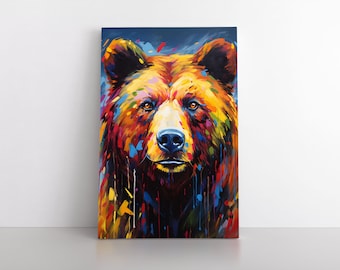 Colorful Grizzly Bear Oil Painting Print on Framed Canvas Wall Art | Bear Artwork | Modern Animals Wildlife Decor