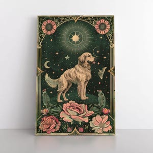 Golden Retriever Tarot Karte inspiriert Leinwand Wand Kunst | Erdige himmlische mystische Dekoration | Niedliches Haustier Hund Geschenk