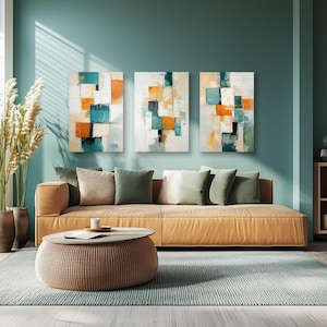 2 or 3 Piece Bundle Set, Abstract Teal Orange Beige Oil Painting Prints on Framed Canvas Wall Art, Modern Contemporary Minimalist Artwork