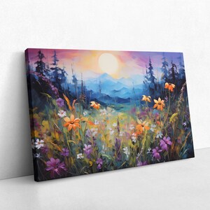 Colorful Mountain Wildflowers & Forest Sunset Oil Painting Print ...