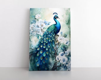 Watercolor Blue Peacock Flowers Painting Print Canvas Wall Art | Beautiful Home Decor Animals Birds Floral Bathroom Dining Room Living Room