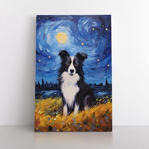 Border Collie Dog Oil Painting Print in the Style Of Starry Night | Cute Border Collie Pet Dog Canvas Wall Art Gift Artwork