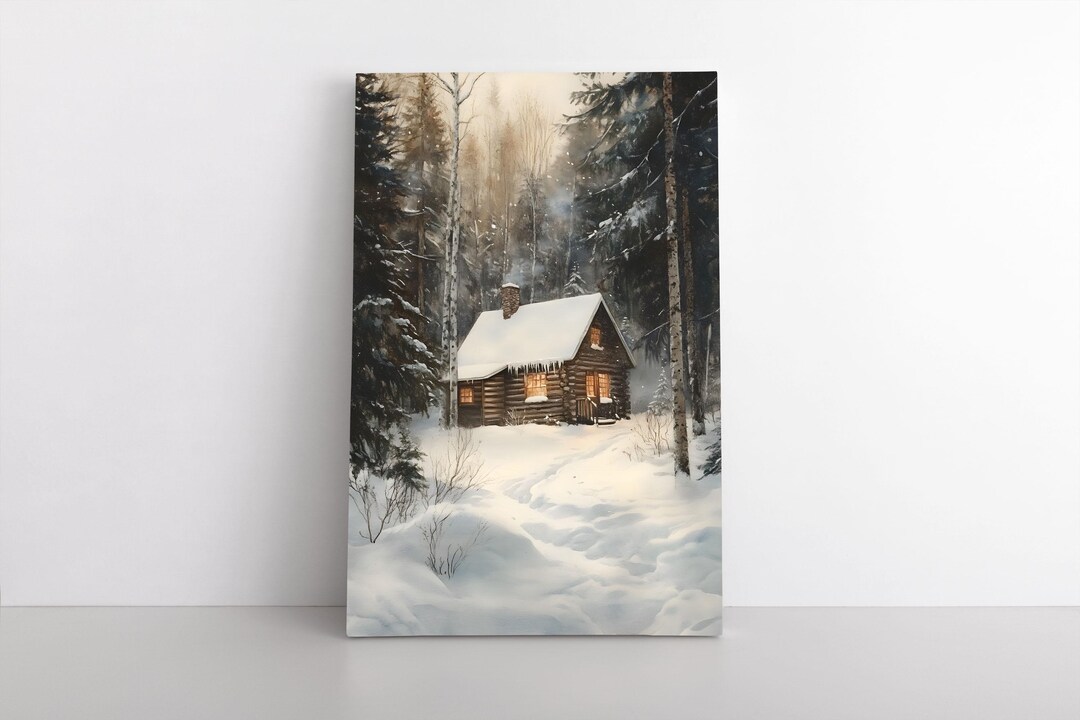 Rustic Log Cabin in Snowy Winter Forest Watercolor Painting Print on ...