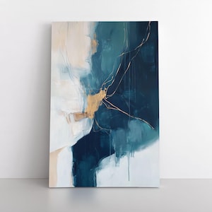 Blue Beige Gold Abstract Painting Print on Framed Canvas Wall Art | Modern Contemporary Artwork, Neutral Blue Office & Living Room Decor