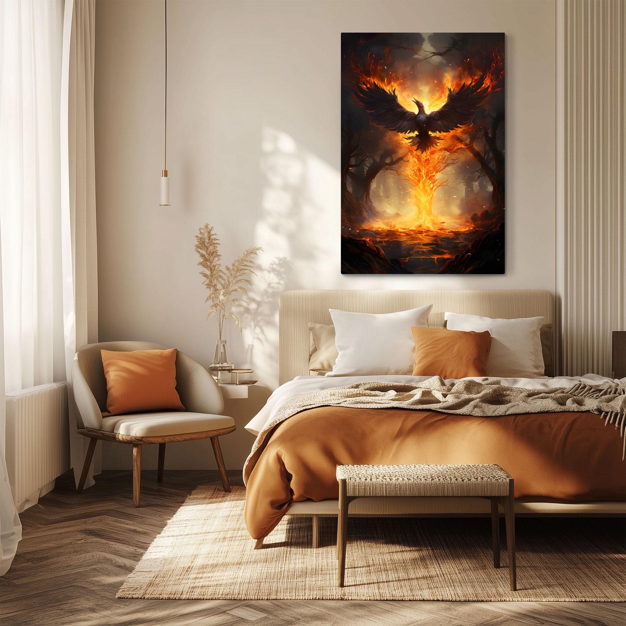 Fiery Phoenix Bird Rising From Flames Wall Art Print on Framed Canvas ...