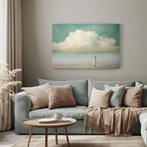 Minimalist Cloud Painting Print on Framed Canvas | Abstract Blue Sky & Clouds Artwork | Moody Wall Art | Study Room Decor | Whimsical Girl image 5