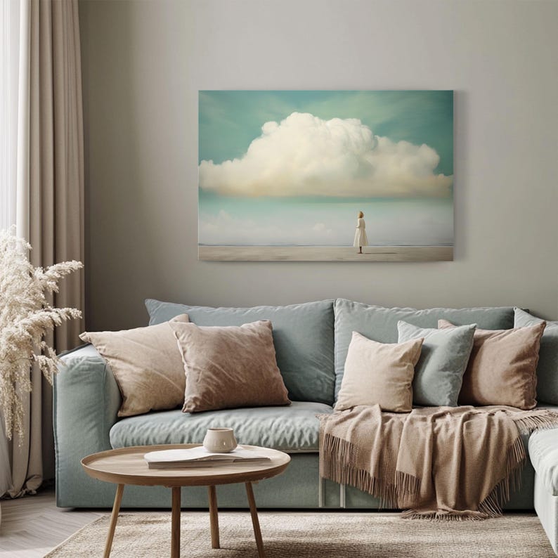 Minimalist Cloud Painting Print on Framed Canvas | Abstract Blue Sky & Clouds Artwork | Moody Wall Art | Study Room Decor | Whimsical Girl image 5