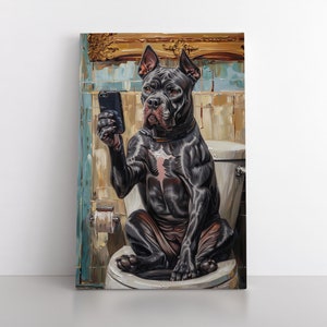 Cane Corso Dog Sitting On Toilet With Cellphone | Dog Painting Print on Canvas | Animals on Loo | Funny Dog Pics Artwork for Bathroom